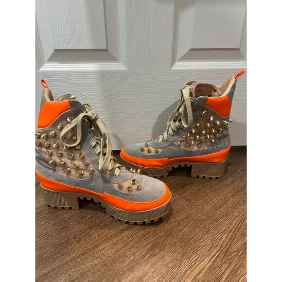 Cape Robbin Jadey Spike Studs Combat Neon Grey Suede Boots Women's 7 - Picture 7 of 11